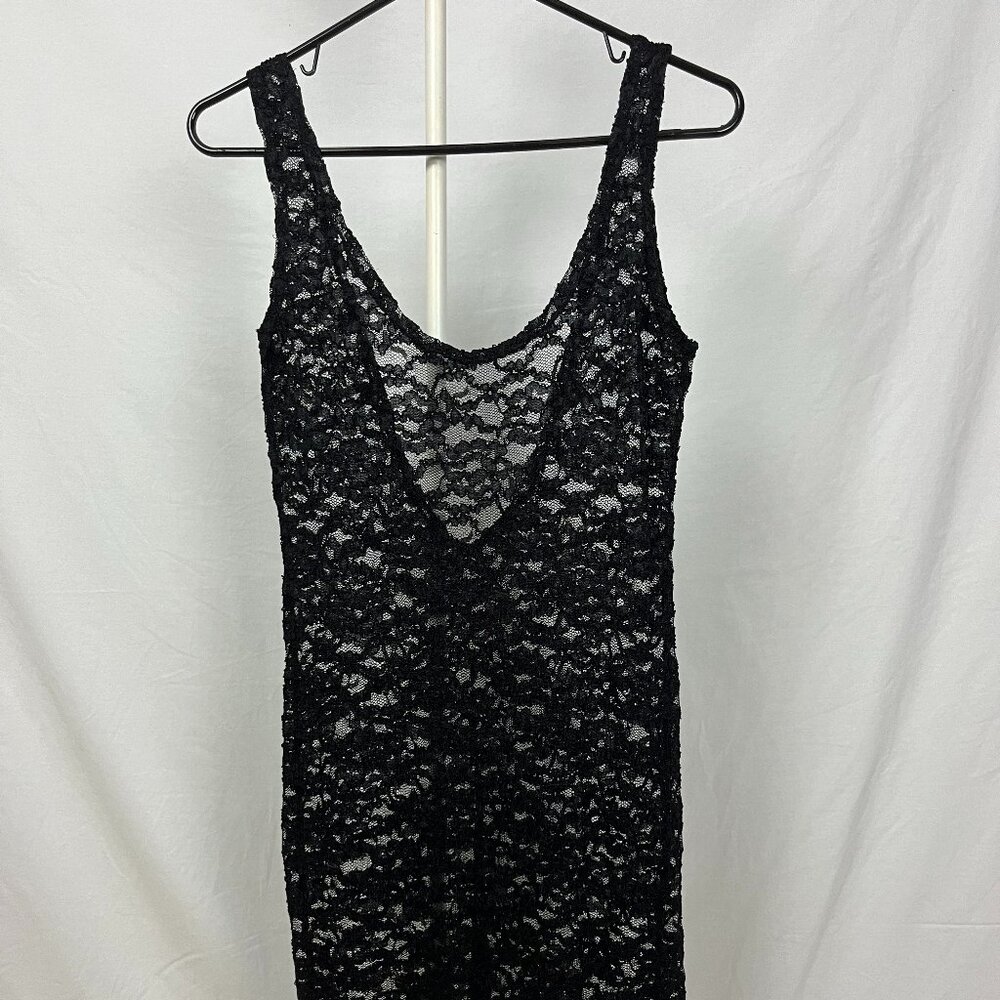 Black Lace Midi Dress Bodycon Deep V Open Back See Through Size M/L